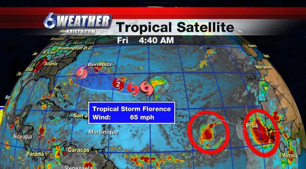 Tropical update for 9-7-18. Showing Tropical Storm Florence and two disturbances following. May become Helene and Isaac.